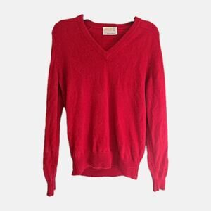 Vtg Braemar Red V-Neck Scottish Lambswool Preppy Pullover Sweater Men's Medium